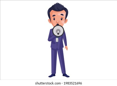 Journalist boy is speaking in the megaphone. Vector graphic illustration. Individually on white background.