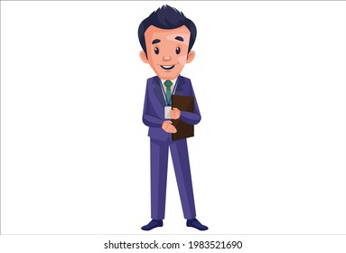 Journalist boy is surprised and holding a file in hands. Vector graphic illustration. Individually on white background.