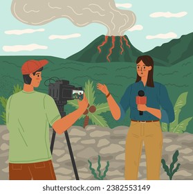 Journalist and cameraman creating reportage about volcano eruption