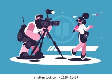 Journalist and cameraman doing report together. Girl reporter standing with microphone and filmmaker videotaping her reportage flat style concept vector illustration