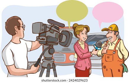 journalist and cameraman interviewing people