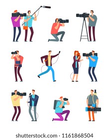 Journalist cameraman. People make tv broadcast. Videographers with camera and journalists with microphones. News crew vector characters reporte and, operator, journalism correspondent illustration