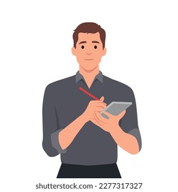 Journalist character vector. Cartoon in flat style design. Smiling man in business suite takes notes in notepad. Illustration for business concepts. 