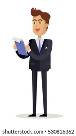 Journalist character vector. Cartoon in flat style design. Smiling man in business suite takes notes in notepad.  Illustration for business concepts, icons, infographics. Isolated on white background.