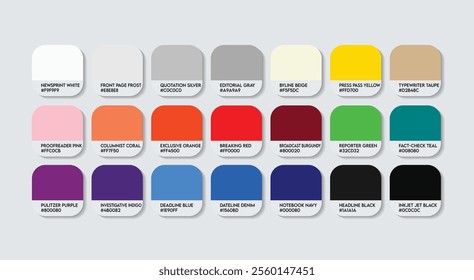 Journalist Color Guide Palette with Color Names. Catalog Samples Journalist with RGB HEX codes and Names. Colors Palette, Media Journalist Color Palette, Fashion Trend Journalist Color Palette