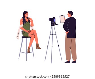 Journalist communicates with guest is sitting on stool. Host of TV show talks to woman. Cameraman films interview with video camera. Journalism. Flat isolated vector illustration on white background