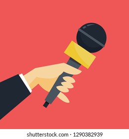 Journalist concept. Hand holding microphone. Reporter take interview for mass media. Press conference. Isolated flat vector illustration