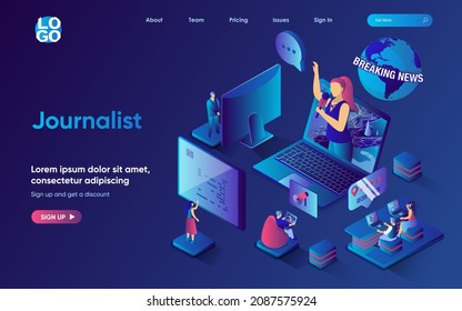 Journalist concept isometric landing page. Team creates news program in studio, writes articles for online newspapers, 3d web banner template. Vector illustration with people scene in flat design