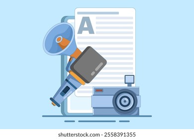 Journalist concept. Mass media news. Journalist with microphone writing article in newspaper or magazine on laptop. TV, internet and radio journalism. Flat vector illustration on background.