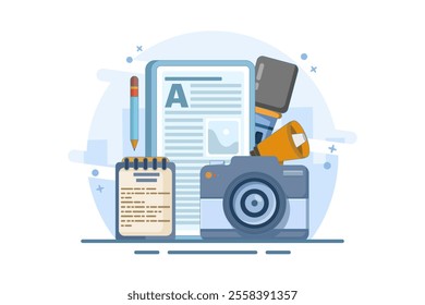 Journalist concept. Mass media news. Journalist with microphone writing article in newspaper or magazine on laptop. TV, internet and radio journalism. Flat vector illustration on background.