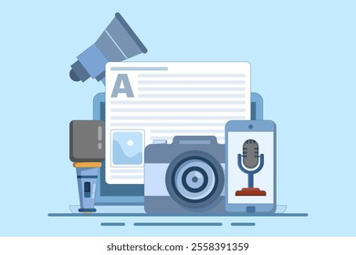 Journalist concept. Mass media news. Journalist with microphone writing article in newspaper or magazine on laptop. TV, internet and radio journalism. Flat vector illustration on background.