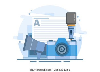 Journalist concept. Mass media news. Journalist with microphone writing article in newspaper or magazine on laptop. TV, internet and radio journalism. Flat vector illustration on background.