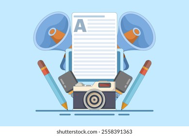 Journalist concept. Mass media news. Journalist with microphone writing article in newspaper or magazine on laptop. TV, internet and radio journalism. Flat vector illustration on background.