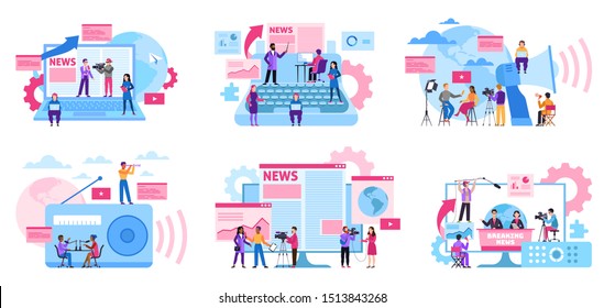 Concepto periodístico. Medios masivos, periodismo en internet y radio, televisión digital. Grabación de entrevistas con cámara vectorial blog contenido televisión o conjunto de periódicos