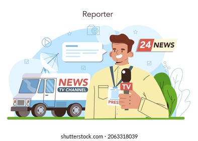 Journalist Concept. Newspaper, Internet And Radio Journalism. TV Reporter Interviewing A Person With A Microphone. Mass Media Profession. Vector Flat Illustration