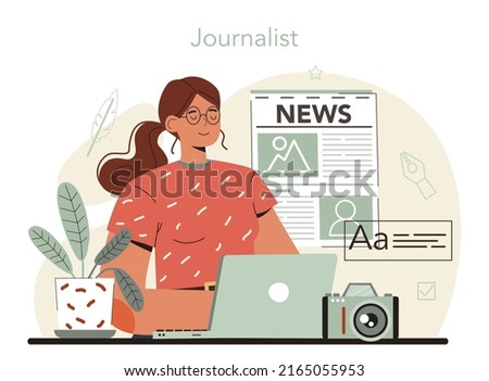 Journalist concept. Newspaper journalism. Publisher writing article for the mass media. Daily news page, mass media profession. Vector flat illustration