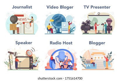 Conjunto de conceptos periodísticos. Periódicos, internet y periodismo radiofónico. Reportero de televisión, videobloguero, presentador de radio, locutor. La profesión de los medios masivos. Ilustración vectorial en estilo de caricatura