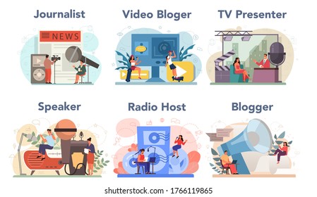 Journalist concept set. Newspaper, internet and radio journalism. TV reporter , video blogger, radio host, speaker. Mass media profession. Vector illustration in cartoon style