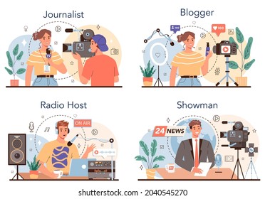 Journalist concept set. Newspaper, internet and radio journalism. TV reporter, video blogger, radio host, speaker. Mass media profession. Vector illustration in cartoon style