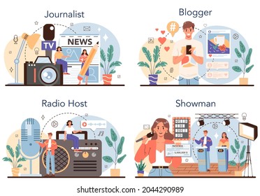 Journalist concept set. Newspaper, internet and radio journalism. TV reporter, video blogger, radio host, speaker. Mass media profession. Vector illustration in cartoon style