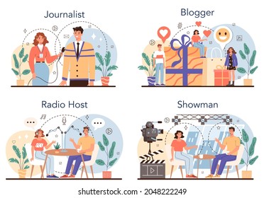 Journalist concept set. Newspaper, internet and radio journalism. TV reporter, video blogger, radio host, speaker. Mass media profession. Vector illustration in cartoon style