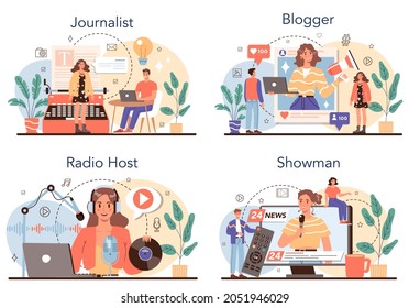 Journalist concept set. Newspaper, internet and radio journalism. TV reporter, video blogger, radio host, speaker. Mass media profession. Vector illustration in cartoon style