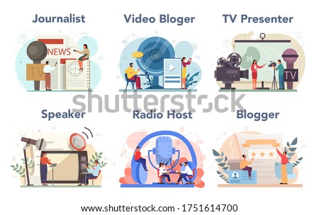 Journalist concept set. Newspaper, internet and radio journalism. TV reporter , video blogger, radio host, speaker. Mass media profession. Vector illustration in cartoon style