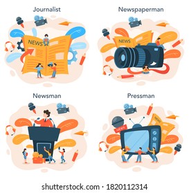 Journalist concept set. TV reporter with microphone. Mass media profession. Newspaper, internet and radio journalism. Vector illustration in cartoon style