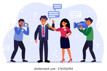 Journalist conducting interview with man flat vector illustration. Cartoon character with microphone, operator and paparazzi. Conversation and media concept
