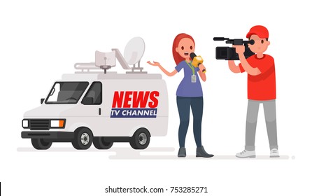 Journalist Conducts A Report From The Scene Of The Events. Profession Correspondent And Videographer. Car Of The News Channel. Vector Illustration In A Flat Style