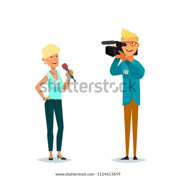 Journalist conducts a report from the scene of the\
events. Profession correspondent and videographer. Vector\
illustration in a flat\
style