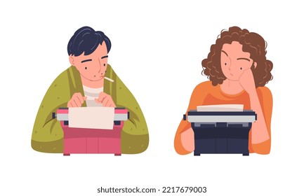 Journalist, copywriter, novelist or writer using vintage typewriter cartoon vector illustration