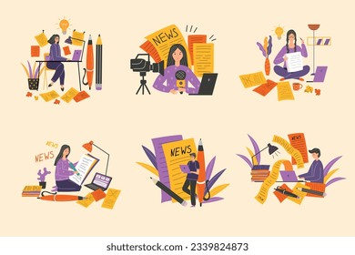Journalist. Copywriter working at laptop blogger writing articles typing at tablet recent vector concept stylized illustrations