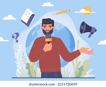 Concepto del Día del Periodista. Hombre con micrófono en el fondo de la transmisión de noticias e información en todo el mundo, medios masivos. Festividad internacional y metáfora del festival. Dibujo vectorial plano de dibujos animados