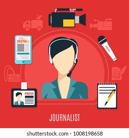 Journalist design concept with set of accessories for creative work so as video camera paper notepad badge pen flat vector illustration