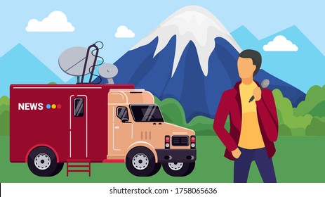 Diseño periodístico, ilustración vectorial. Carácter reportero profesional con furgoneta de noticias de transmisión, emisión de caricaturas al aire libre. Hombre de medios de televisión con micrófono, reportero de televisión plana.