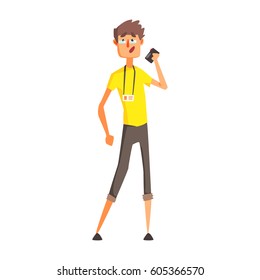 Journalist With Dictophone, Official Press Reporter Working, Collecting Information And Making News, Part Of Journalism Set Of Illustrations