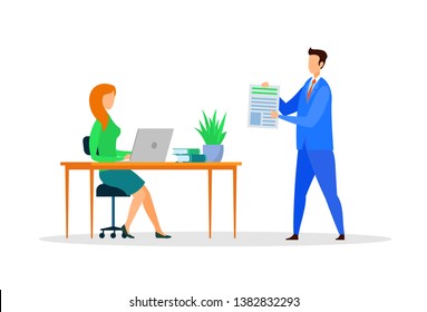 Journalist and Editor Cartoon Vector Characters. Employer Pointing at Employment Contract Terms Flat Illustration. Female Copywriter Sitting at Desk Design Element. Potted Plant, Book on Table