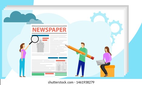 The journalist edits the text of the newspaper. Editing an article, censorship. Printed edition. Vector illustration.