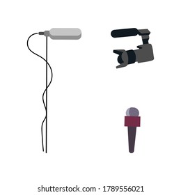 Journalistische Ausrüstung flache Farbe Vektorobjekte Set. Mikrofone. Videokamera. Nachrichtenreporter, einzelne Cartoon-Illustration für Web-Grafik-Design und Animation-Kollektion