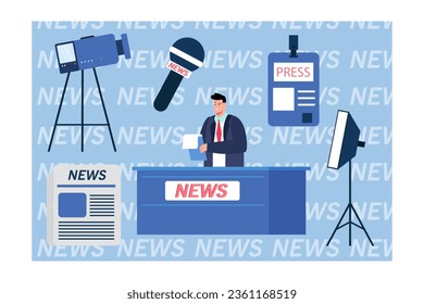 Journalist in equipped newsroom vector illustration. Professional camera, microphone, press pass, newspaper article, anchor at desk. Media freedom, news essentials, television concept