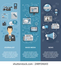 Journalist flat banner set vertical with mass media and news elements isolated vector illustration