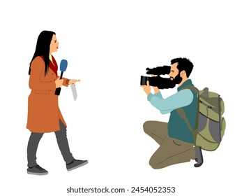 Journalist girl news reporter interview with camera crew vector illustration isolated. TV reporter woman interview people public opinion. Cameraman, light, sound assistant backup to presenter lady.