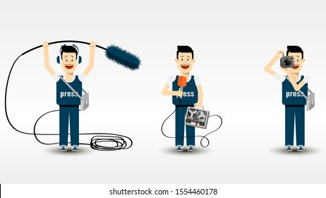 journalist group of a photographer, sound engineer, reporter in uniform and special equipment on a light background. a set of three characters. vector