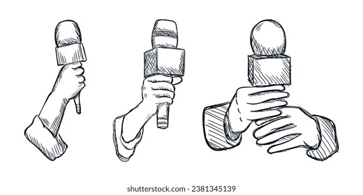 Journalist hand holding microphone line sketch. Pencil rustic grunge drawing style. Vector vintage illustration