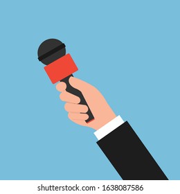 Journalist hand holding microphones performing interview. News concept with microphones. Illustration of microphone for news, broadcasting live news. Vector illustration. 