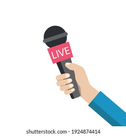 Journalist hand holding microphones performing interview. Illustration of microphone for news, broadcasting live news. Vector illustration.