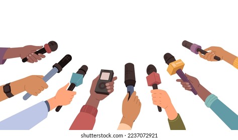 Journalist hand holding microphones performing interview. Vector illustration of microphone for breaking news, broadcasting live. Audience, reportage and communication