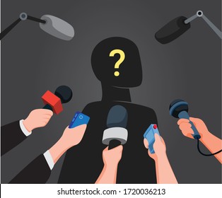 journalist hands holding microphones performing interview with silhouette
mysterious people in cartoon illustration vector