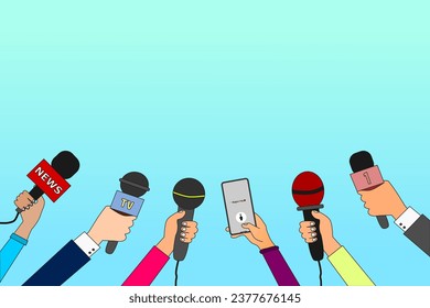 Journalist hands with microphones and smartphone. Reporters with mics take interview for news broadcast, press conference or newscast. Media vector concept.